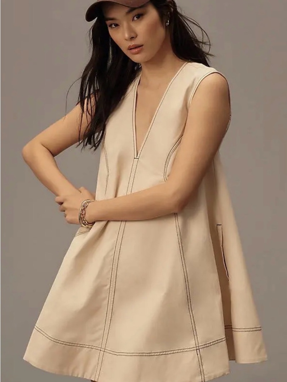 Maeve Sleeveless V-Neck Mini Dress in Beige